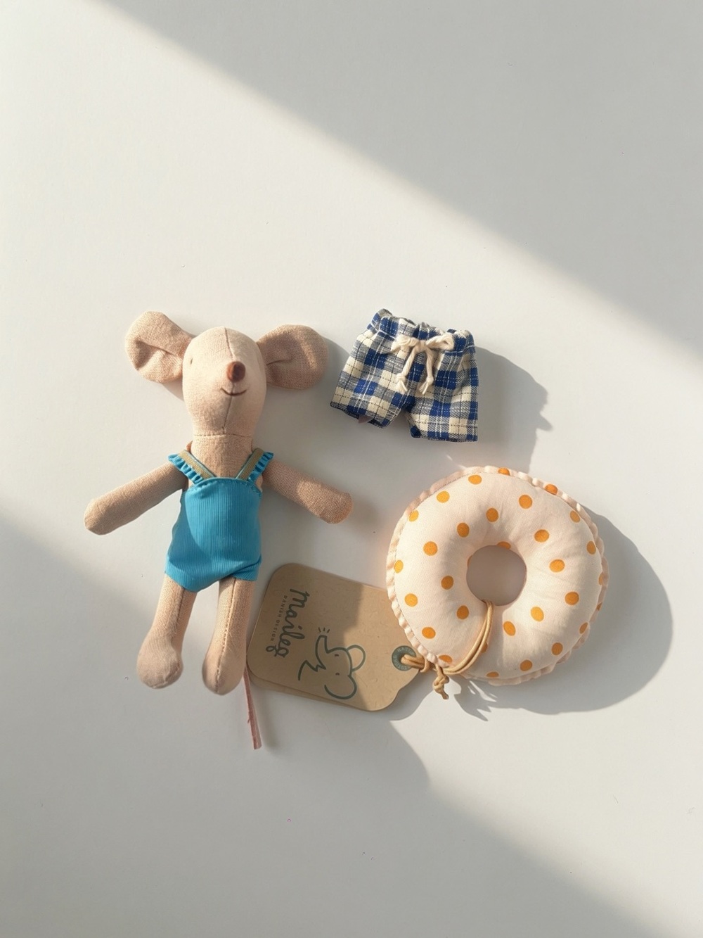 Maileg beach little sister mouse with float and little brother beach trunks